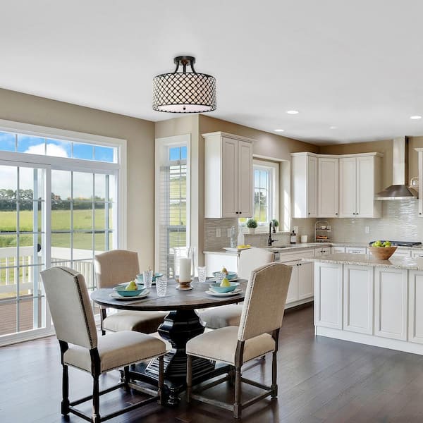 Belle 15 in. 3-Light Glam Antique Black Semi-Flush Mount with Crystal Beaded Drum Shade