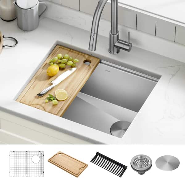 Kore Workstation Undermount Stainless Steel 23 in. Single Bowl Kitchen Sink w/Integrated Ledge and Accessories