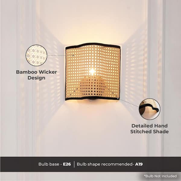 Mid Century Bohemian 1-Light Beige Tan Wall Sconce with PVC Rattan and Velvet Shade