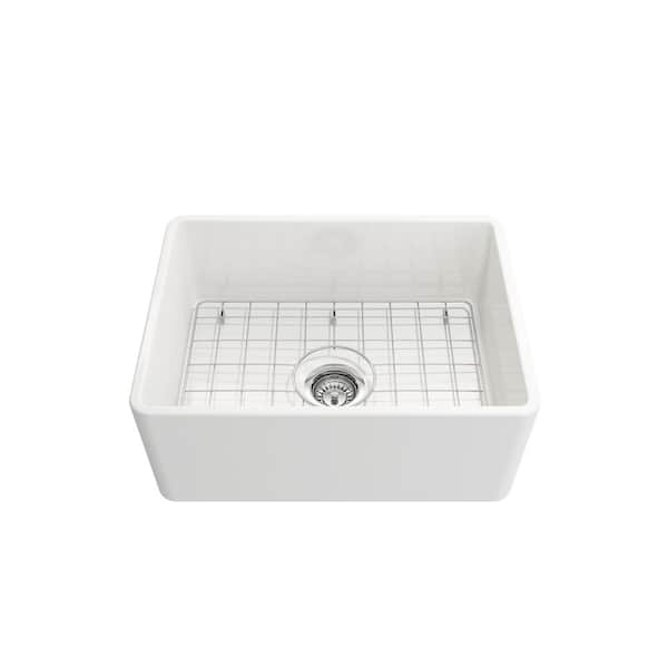 Farmhouse Apron-Front Fireclay 24 in. Single Bowl Kitchen Sink in White with Bottom Grid
