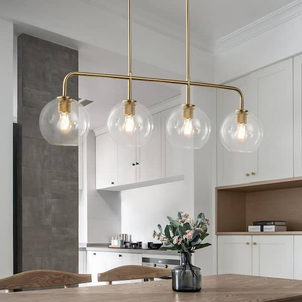 Friedlander 4-Light Brass Island Chandelier with Clear Glass Shades, Modern Linear Kitchen Pendant Light