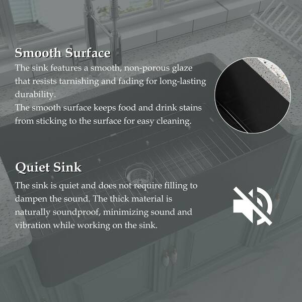 Black Fireclay 36 in. Single Bowl Farmhouse Apron Kitchen Sink with Bottom Grid and Basket Strainer