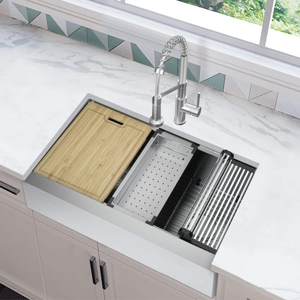 Zero Radius Farmhouse/Apron-Front 16G Stainless Steel 33 in. Single Bowl Workstation Kitchen Sink, Spring Neck Faucet