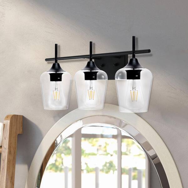 3-Light Matt Black Bathroom Vanity Light with Clear Glass Shades