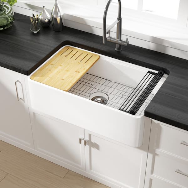 Yorkshire Crisp White Fireclay 33 in. Single Bowl Farmhouse Apron Workstation Kitchen Sink with Accessories