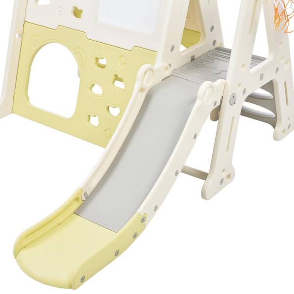 7-In-1 Light Green HDPE Playset with Tunnel, Climber, Whiteboard, Toy Building Block Baseplates, Basketball Hoop