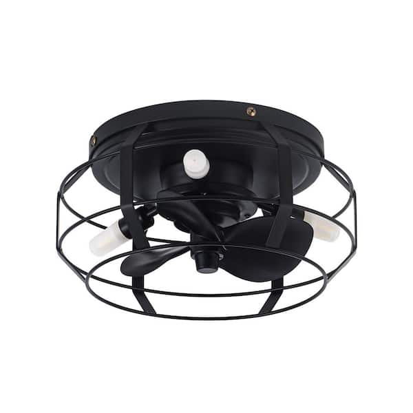 12.2 in. Modern Caged Flush Mount Black Ceiling Fan with Light and Remote Control