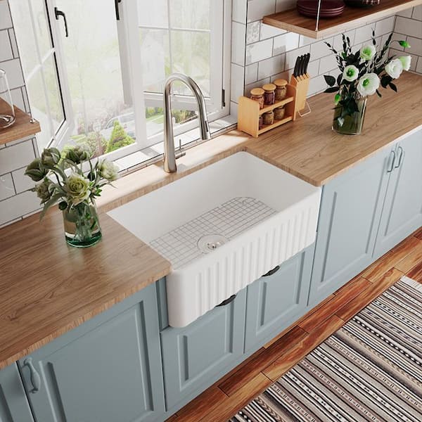 Harvest White Ceramic 30 in. L x 18 in. W Rectangular Single Bowl Farmhouse Apron Kitchen Sink with Grid and Strainer