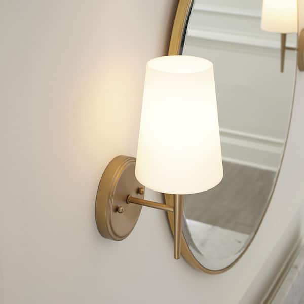 Driscoll 1-Light Modern Satin Brass Wall/Bath Sconce with Inside White Painted Etched Glass