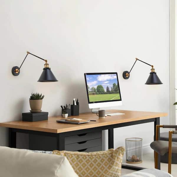 Black Swing Arm Wall Lamp Modern 1-Light Hardwired/Plug in Wall Sconce Desk Lamp Wall Lights for Bedroom (2-Pack)