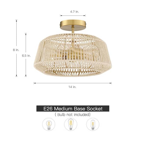 Bohe 14 in. 2-Light Rattan Semi-Flush Mount Ceiling Light with Brass Canopy