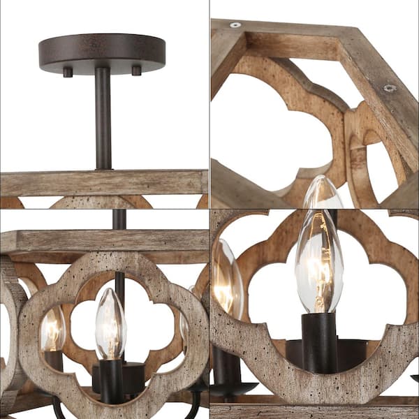 Farmhouse Antique Wood Drum Semi-Flush Mount 3-Light Rustic Kitchen Island Ceiling Lamp with Rusty Bronze Candle Holders