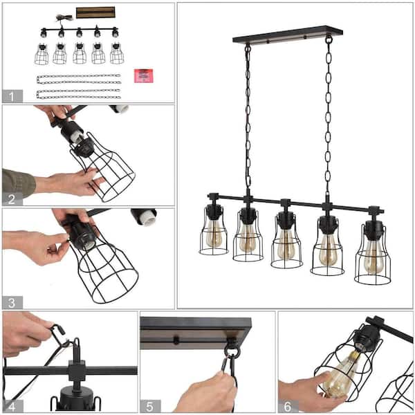 Modern Industrial Black Island Chandelier 5-Light Linear Large Hanging Pendant light with Geometric Metal Cage Shades