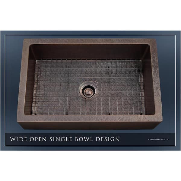 Luxury Dark Patina 12-Gauge Copper 33 in. Single Bowl Farmhouse Apron Kitchen Sink with Accs and Flat Front