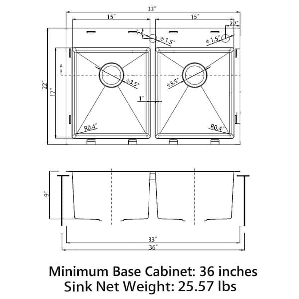 304 Stainless Steel 18 Gauge 33 in. Double Bowl Drop-In Kitchen Sink