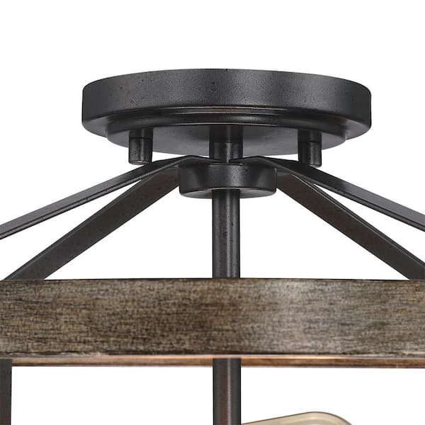 Madison 13 in. 2-Light Natural Iron and Distressed Faux Wood Industrial Farmhouse Semi-Flush Mount Ceiling Light