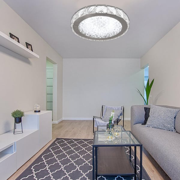 Crystal 12.6 in. 18-Watt Chrome Integrated LED Flush Mount Round Ceiling Light for Kitchen Bedroom Bathroom Hallway