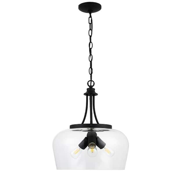 3-Light Matte Black Dome Pendant Light with Glass Shade