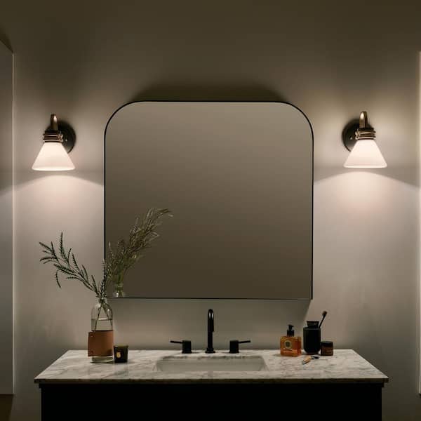 Farum 9.5 in. 1-Light Black with Champagne Bronze Bathroom Wall Sconce Light with Opal Glass Shade