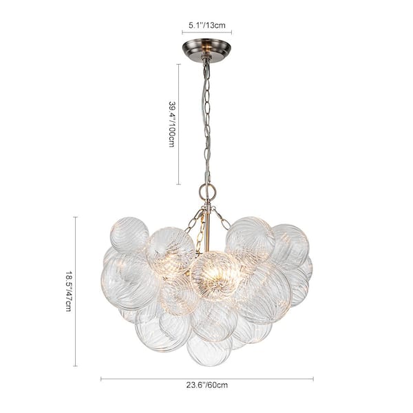 Neuvy 24 in.W 3-Light Nickel Bubble, Crystal Cluster, Globe Chandelier with Swirled Glass Shades for Dining Room
