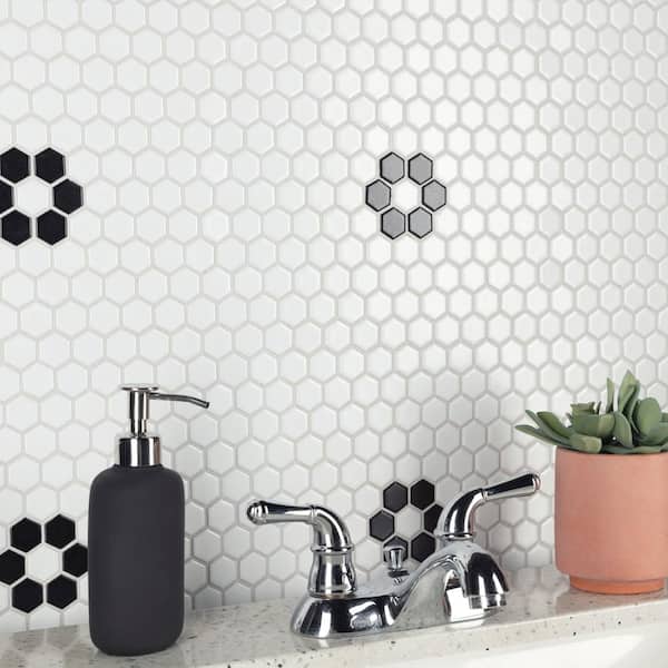 Metro 1 in. Hex Matte White with Single Flower 10-1/4 in. x 11-7/8 in. Porcelain Mosaic Tile (8.6 sq. ft./Case)