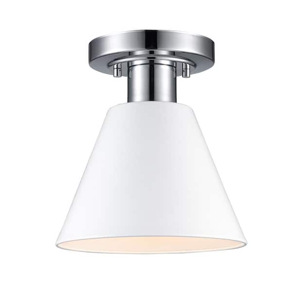 Finley 8 in. 1-Light White and Chrome Semi-Flush Mount Ceiling Light Fixture with Metal Shade