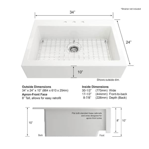Farmhouse Apron-Front Fireclay 34 in. 3-Hole Single Bowl Kitchen Sink in White with Bottom Grid