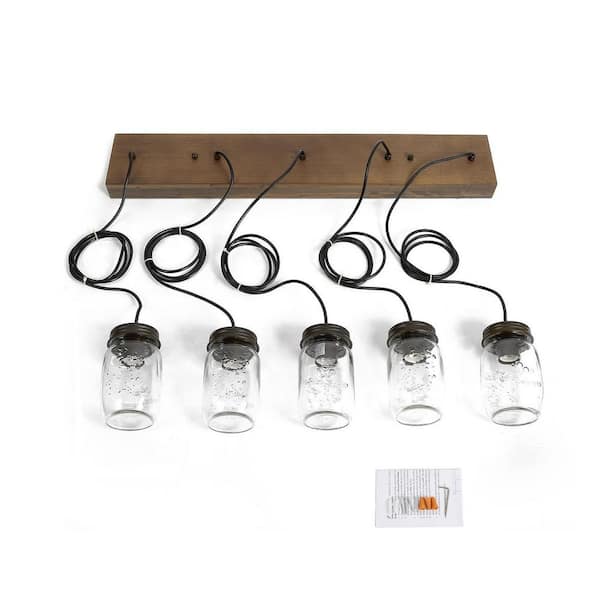 Modern Farmhouse Wood DIY Island Chandelier 5-Light Industrial Dark Brown Linear Pendant Light with Mason Jar Shade