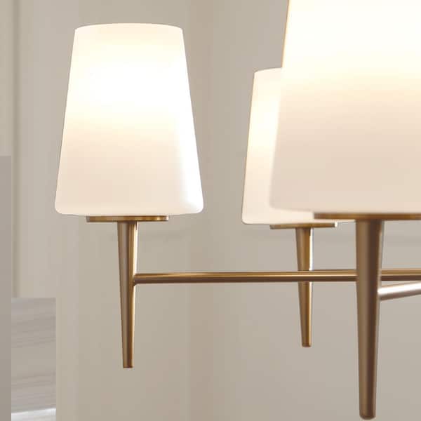 Driscoll 9-Light Satin Brass Mid-Century Modern Hanging Chandelier with Inside White Painted Etched Glass