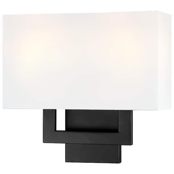 Celina 13 in. 2-Light Black Wall Sconce Light With White Fabric Shade