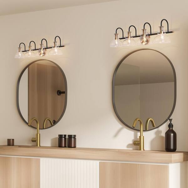 29 in. 4-Light Brass Gold Bathroom Vanity Light, Barn Clear Glass Bath Lighting, Modern Black Indoor Wall Sconce