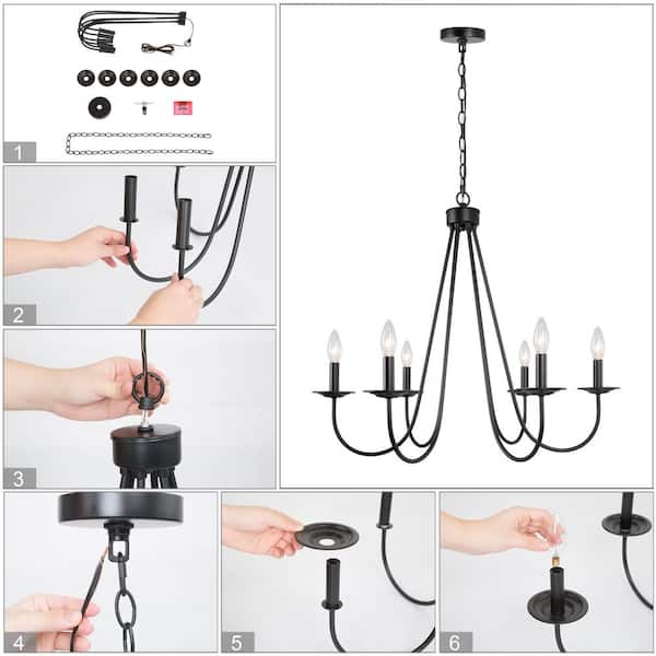 Industrial Black Dining Room Chandelier 28 in. 6-Light Modern Farmhouse Large Candlestick Living Room Chandelier