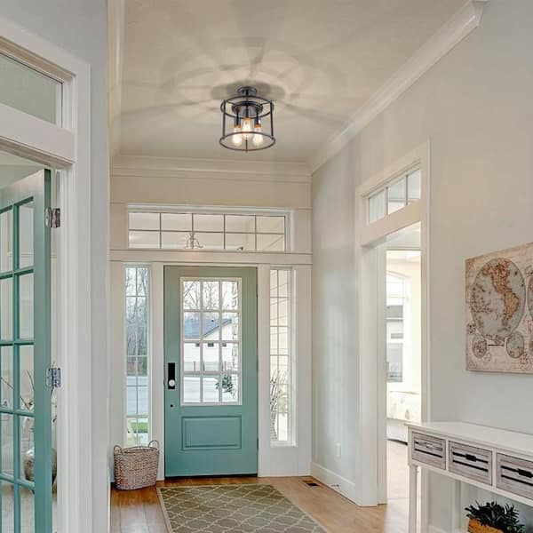 12 in. 3-Light Black Drum Cage Semi-Flush Mount Light