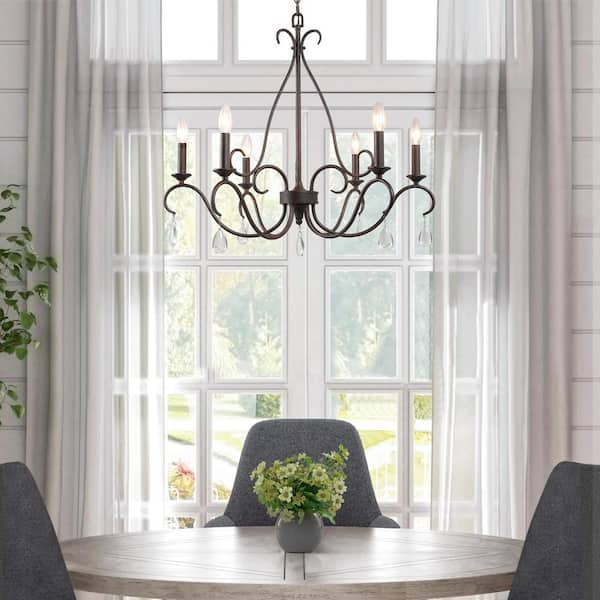 28 in. 6-Light Rusted Bronze Classic Candlestick Chandelier with Crystal Drops Modern Farmhouse Island Pendant
