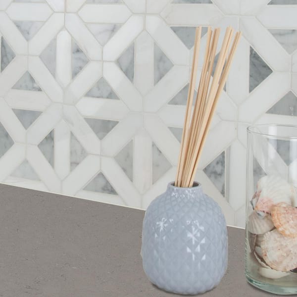 Bianco Dolomite Geometrica 12 in. x 12 in. x 10 mm Polished Marble Mosaic Tile (10 sq. ft./case)