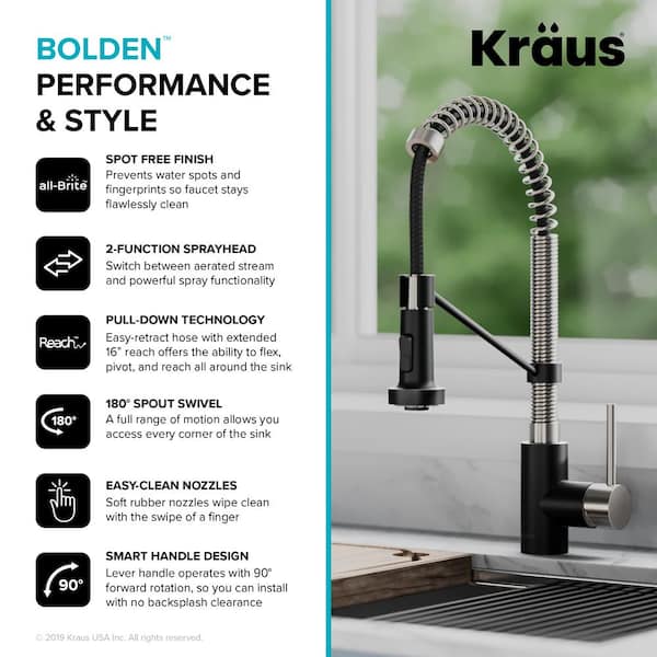 Spot Free 18-Inch Kitchen Faucet with Dual Function Pull-Down Sprayhead in all-Brite Stainless Steel/Matte Black Finish