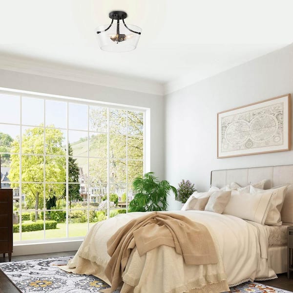 Modern Black Farmhouse 13 in. 3-Light Semi-Flush Mount Center-Bowl Ceiling Light with Seeded Glass Shade