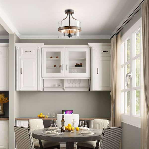 Modern Farmhouse Black Drum 3-Light Candlestick Semi-Flush Mount Ceiling Light with Faux Wood Accent Clear Glass Shade