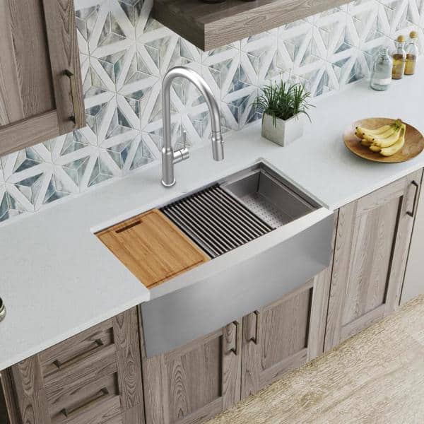 AIO Zero Radius Farmhouse/Apron-Front 18G Stainless Steel 33 in. Double Bowl Workstation Kitchen Sink, Pull-Down Faucet