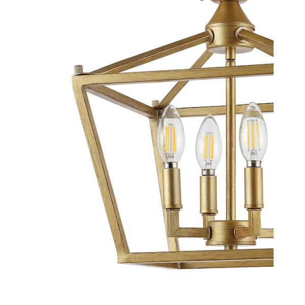 Plains Mini Lantern 12 in. 4-Light Brass Gold Iron Modern Farmhouse LED Flush Mount,