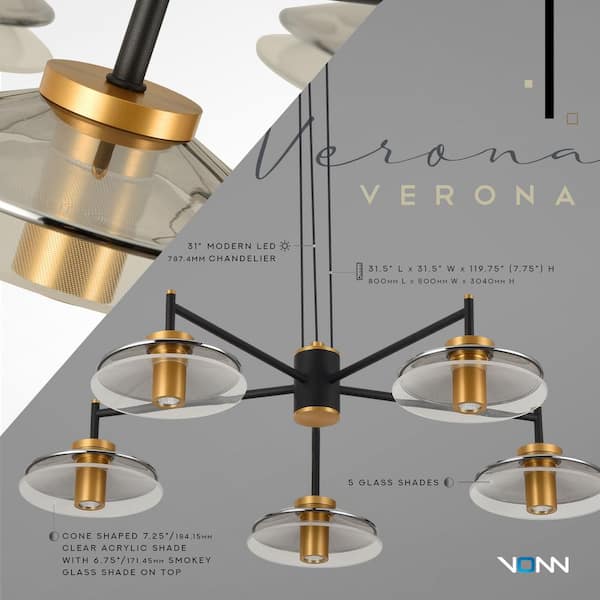 Verona 31 in. 5-Light ETL Certified Integrated LED Black Chandelier Lighting Fixture with Glass Shades