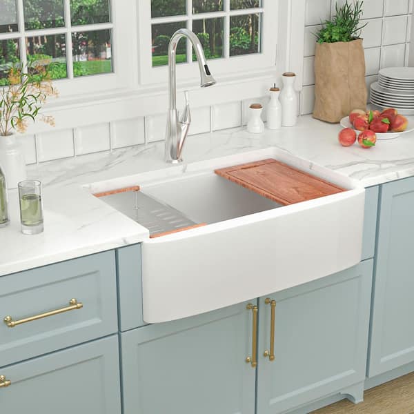 33 in. Farmhouse/Apron-Front Single Bowl Ceramic Workstation Kitchen Sink with Strainer and Cutting Board