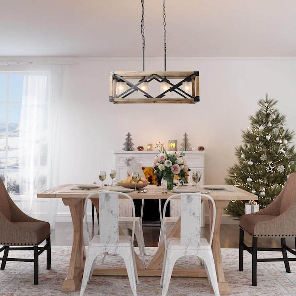 Farmhouse Dining Room Chandelier, 4-Light Brown Wood/Black Metal Kitchen Island Pendant with White Frosted Glass Shades