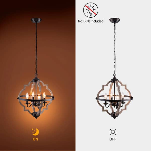 4-Light Farmhouse Wood Chandelier, Rustic Ceiling Light, Modern Black Light Fixture for Dining&Living Room Kitchen Foyer