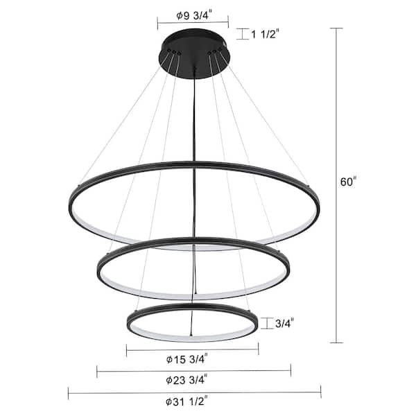 3-Light Dimmable Integrated LED Black Tiered Ring Chandelier with Leather Accent