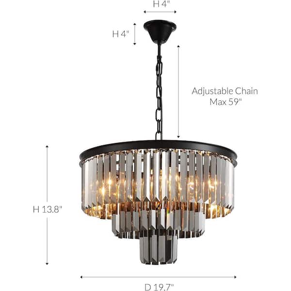 3-Tier Black and Smoked Crystal Chandelier 20 in. 6-Light Modern Kitchen Island Dining Table Pendant Lighting