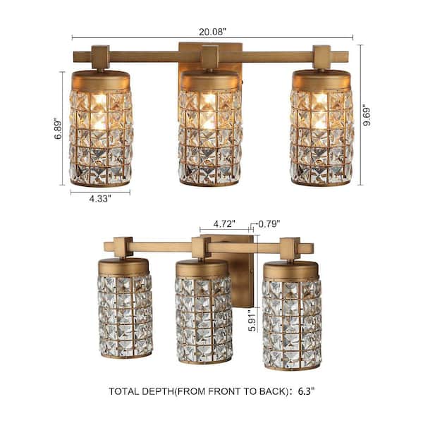 Modern Powder Room Bathroom Vanity Light, 20 in. 3-Light Gold Wall Sconce with Crystal Cylinder Shade