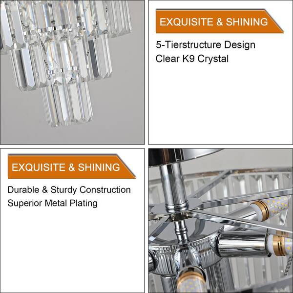 19.7 in. 10-Light Chrome Crystal Semi-Flush Mount Chandelier Light, 5-Tier Round Chandelier