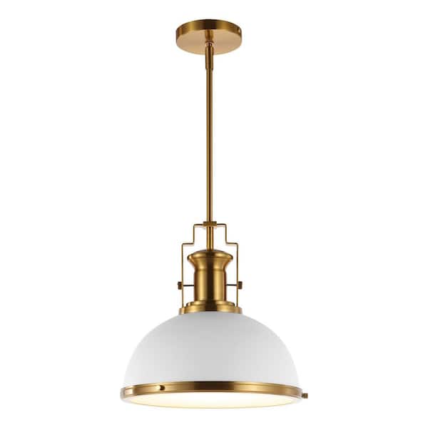 Homer 13 in. 1-Light Brass Gold/White Modern Industrial Iron LED Dome Globe Pendant