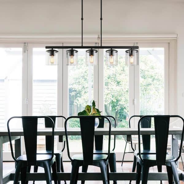 Modern 5-Light 37 in. Matte Black Linear Island Chandelier with Clear Glass Shades, Kitchen Hanging Pendant Light